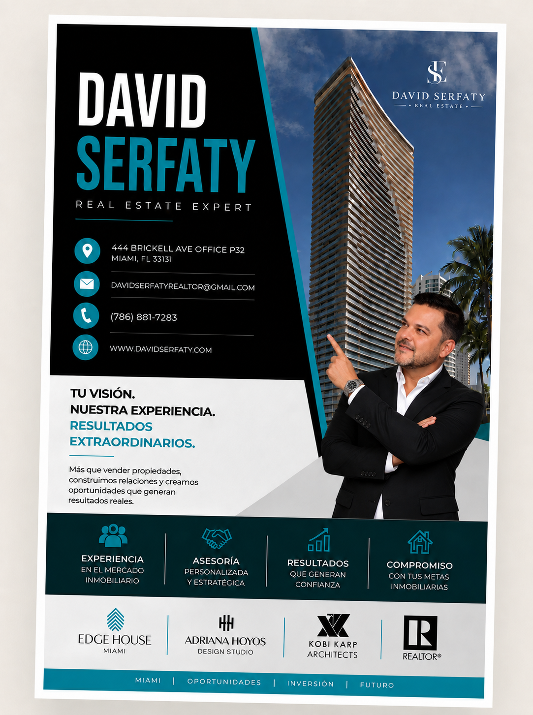 David Serfaty señalando la torre de Edge House Miami